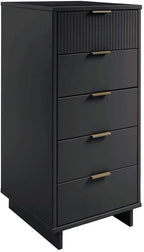 Manhattan Comfort Granville 24-Inch Modern Tall Dresser with 5 Full Extension Soft Close Drawers, Textured Ribbed Lines Design Made of Solid Wood with Gold Accent, TV Stand for Bedroom, Dark Grey