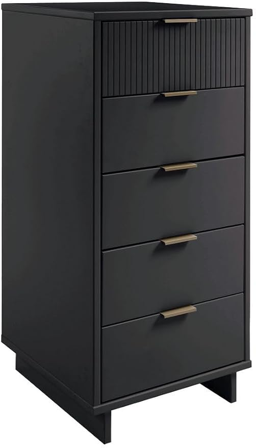 Manhattan Comfort Granville 24-Inch Modern Tall Dresser with 5 Full Extension Soft Close Drawers, Textured Ribbed Lines Design Made of Solid Wood with Gold Accent, TV Stand for Bedroom, Dark Grey