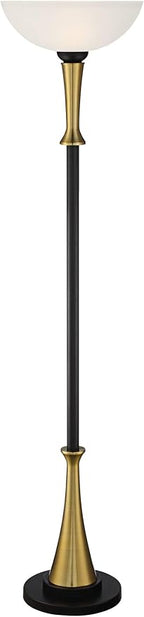 Possini Euro Design Burbank Modern Mid Century Art Deco Torchiere Floor Lamp Standing 70" Tall Black Brass Metal Frosted White Glass Bowl Shade for Living Room Reading House Bedroom Home Office