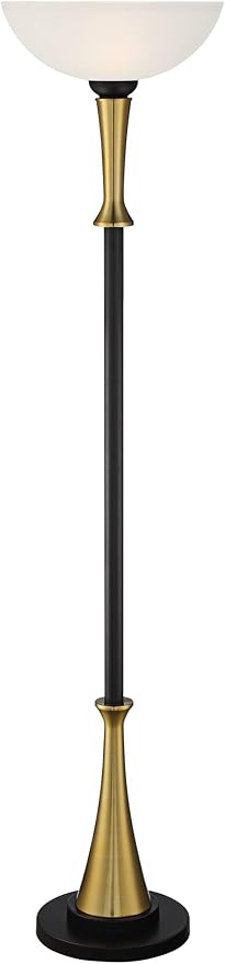 Possini Euro Design Burbank Modern Mid Century Art Deco Torchiere Floor Lamp Standing 70" Tall Black Brass Metal Frosted White Glass Bowl Shade for Living Room Reading House Bedroom Home Office