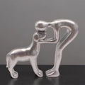 Human and Dog Statue Decoration, Cute Pet Sculpture Home Decor Tabletop Ornament Figurines Office Living Room Bedroom Home, for Dog Lovers Friends Family Decoration, Silver Color