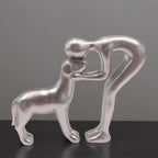 Human and Dog Statue Decoration, Cute Pet Sculpture Home Decor Tabletop Ornament Figurines Office Living Room Bedroom Home, for Dog Lovers Friends Family Decoration, Silver Color