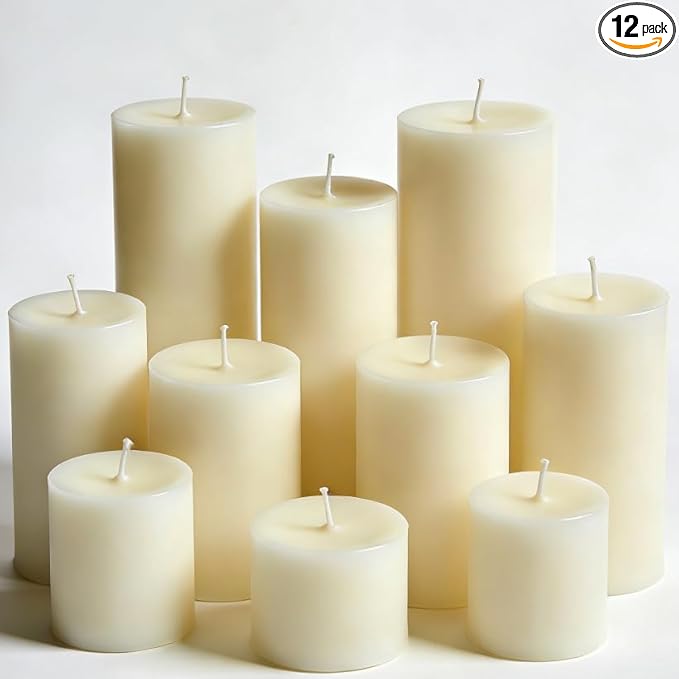 12 Pcs Ivory Pillar Candles Bulk Set, 3 Different Lengths 3 x 3/6/8 Inch (4 Each), Dripless Unscented Smokeless,Hurricane Candles,Gives You a Better Atmosphere When Organizing an Event Party.