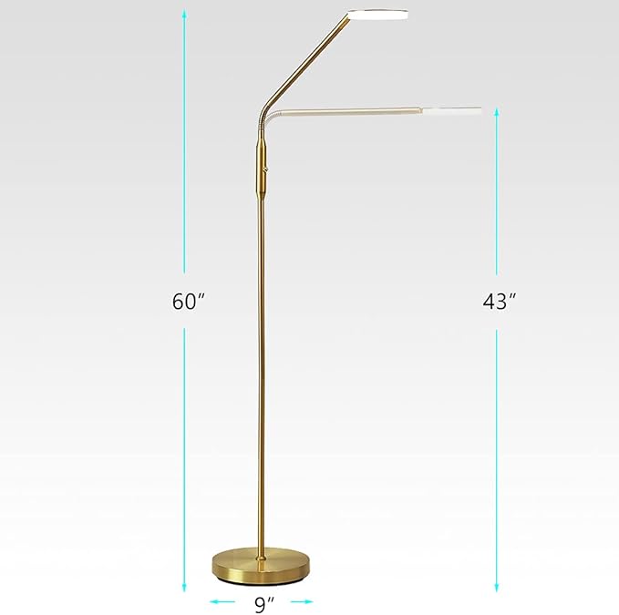 O’Bright Moon - Dimmable LED Floor Lamp, Adjustable Color Temperature for Bedside Reading, Work Light, Art/Crafting Light, Sewing, 360° Flexible Gooseneck, Rotatable Lighting, Antique Brass