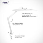 Neatfi Elite HD XL Desk Lamp with Clamp, 1600 Lumens, 22-Inch Wide Head, Non-Polar Dimming, 84 SMD LEDs, 6500K, Task Light for Home, Office, Study Room (Non-CCT with Clamp, White, 22 Inches)