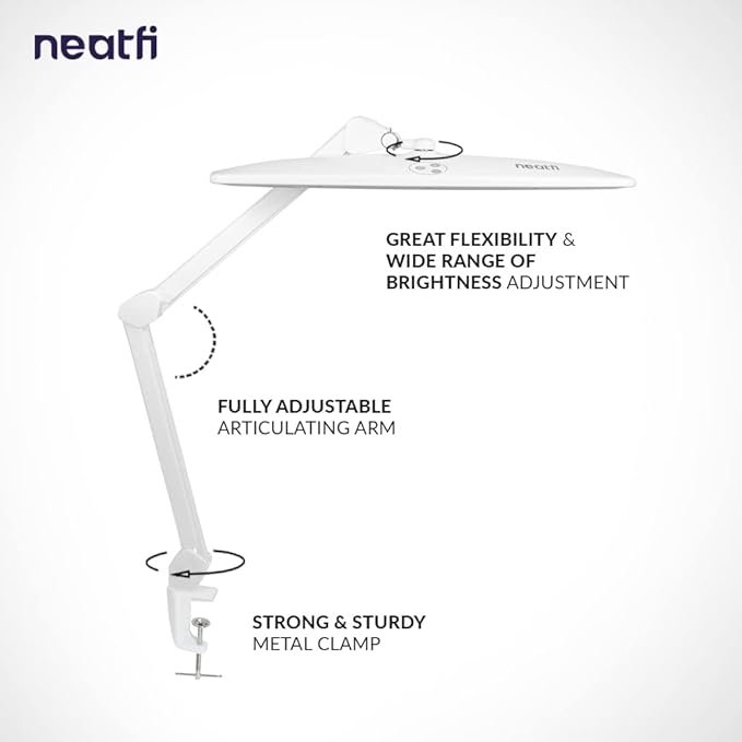 Neatfi Elite HD XL Desk Lamp with Clamp, 1600 Lumens, 22-Inch Wide Head, Non-Polar Dimming, 84 SMD LEDs, 6500K, Task Light for Home, Office, Study Room (Non-CCT with Clamp, White, 22 Inches)