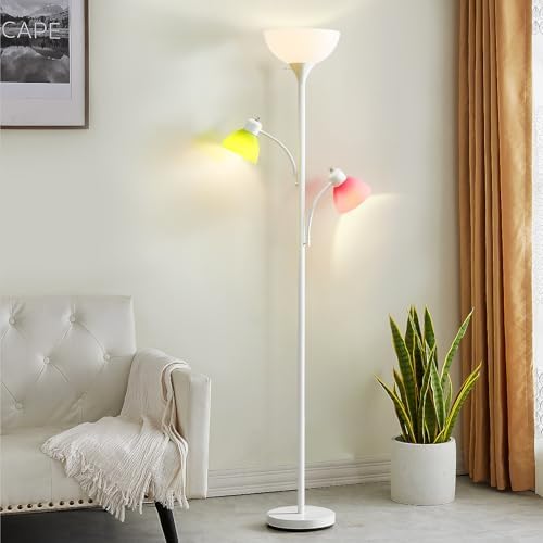 Luvkczc White Floor Lamp, 72" Tall Standing Floor Lamp with 5 Replace Lampshades, Torchiere Lamps with 8W Adjustable Reading Lights, Floor Lamps for Living Room, Bedroom, Office, Bulbs Included