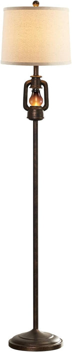 63'' Farmhouse Lantern Floor Lamp for Living Room with 2 Light Sources, Rustic Vintage Resin Tall Standing Lamp with Glass Night Light for Bedroom Office Study Room, Bulb Included (Bronze)