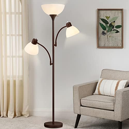 Luvkczc Floor Lamps for Living Room, 72" Tall Standing Lamp, Torchiere Lamp with 2 Reading Lamps, Industrial Bright Floor Lamp for Bedroom, Office, Dresser, Brown Lamps, 3 LED Bulbs Included