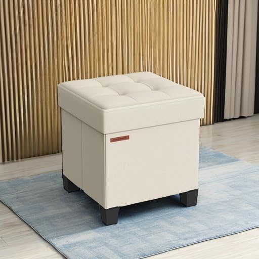 SONGMICS Storage Ottoman, Small Ottoman Foot Rest with Legs, 15 x 15 x 15.7 Inches Foot Stool, Load up to 660 lb, for Living Room, Bedroom, Dorm, Cream White ULSF014W01