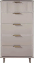 Manhattan Comfort Granville 24-Inch Modern Tall Dresser with 5 Full Extension Soft Close Drawers, Textured Ribbed Lines Design Made of Solid Wood with Gold Accent, TV Stand for Bedroom, Light Grey