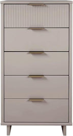 Manhattan Comfort Granville 24-Inch Modern Tall Dresser with 5 Full Extension Soft Close Drawers, Textured Ribbed Lines Design Made of Solid Wood with Gold Accent, TV Stand for Bedroom, Light Grey