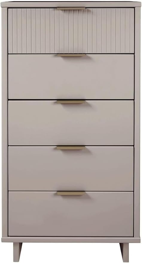 Manhattan Comfort Granville 24-Inch Modern Tall Dresser with 5 Full Extension Soft Close Drawers, Textured Ribbed Lines Design Made of Solid Wood with Gold Accent, TV Stand for Bedroom, Light Grey