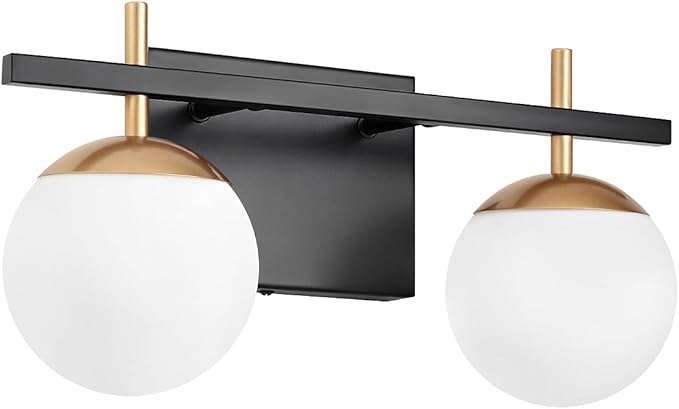 Bathroom Light Fixtures Over Mirror, Black and Gold Mid Century Modern Bathroom Vanity Light Fixtures with Milky Glass Shade 2-Light Globe Sconces Wall Lighting for Living Room Hallway