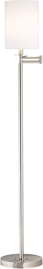 360 Lighting Modern Swing Arm Floor Lamp Adjustable Standing Base 60.5" Tall Brushed Nickel Silver White Cotton Fabric Cylinder Shade for Living Room Reading House Bedroom
