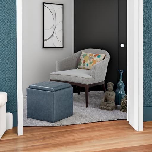 SIMPLIHOME Rockwood Cube Storage Ottoman with Tray - 17 inch Wide Upholstered Vegan Leather Square Storage Ottoman in Denim Blue, Contemporary Cube Ottoman for Living Room with Serving Tray