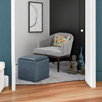 SIMPLIHOME Rockwood Cube Storage Ottoman with Tray - 17 inch Wide Upholstered Vegan Leather Square Storage Ottoman in Denim Blue, Contemporary Cube Ottoman for Living Room with Serving Tray