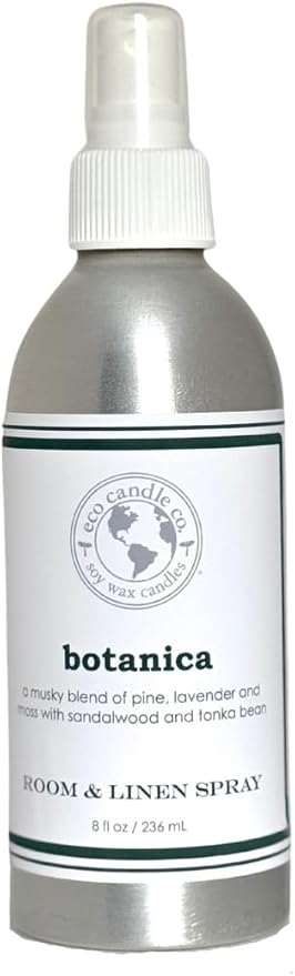 ECO CANDLE CO. Room & Linen Spray, Botanica, 8 oz. - Scents of Pine, Lavender, & Moss - Recycled Aluminum Bottle, No Propellents, Pump Top, All Natural Ingredients