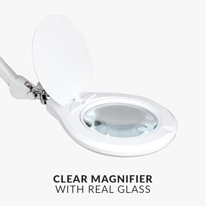 Neatfi Elite Super LED Magnifying Lamp with Clamp, 6” Glass Lens, Dual Magnification, 5D/12D, 6500K, Glare-Free, Nonpolar Dimming, Lamp for Reading, Sewing, Crafting (6 Inch Lens, White)