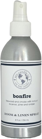ECO CANDLE CO. Room & Linen Spray, Bonfire, 8 oz. - Scents of Smoldering Wood, Smoke, & Incense - Recycled Aluminum Bottle, No Propellents, Pump Top, All Natural Ingredients