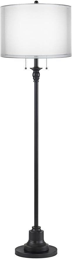 360 Lighting Dyna Traditional 58" Tall 2-Light Standing Floor Lamp Skinny Pole Pull Chain Black Finish Living Room Bedroom House Reading Office Home Decor Entryway Dining Silver Sheer Shade