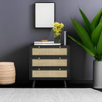 Anmytek Black Dresser for Bedroom with 3 Drawers, Modern Wood 3 Drawer Dresser, Black Chest of Drawer with Spacious Storage Rattan Dresser for Bedroom Living Room H0075