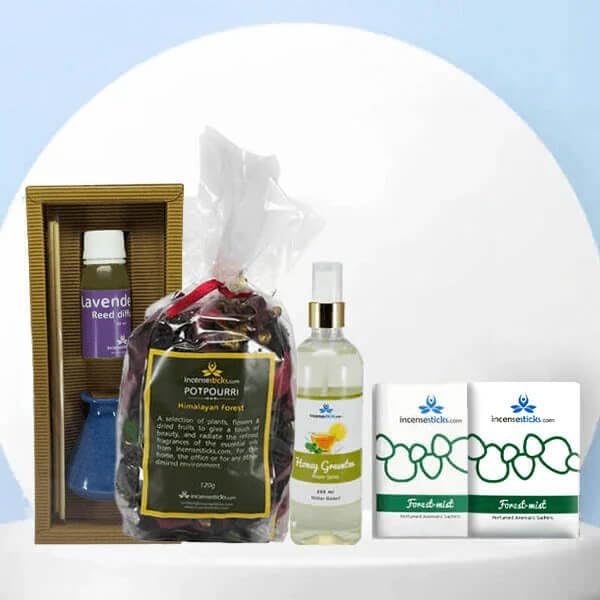 Enchanting Home Fragrance Gift Set – Natural Potpourri, Lavender Reed Diffuser, Honey Green Tea Room Spray & Forest Mist Sachets – Eco-Friendly Home Fragrance Gift