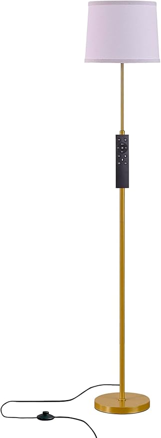 60" Modern Floor Lamp for Living Room, Standing Lamp with White Linen Lampshade, Remote and Foot Switch, Tall Lamp with A19 9W 3000K-6000K Color Temperature 10%-100% Brightness Dimmable Bulb, Gold