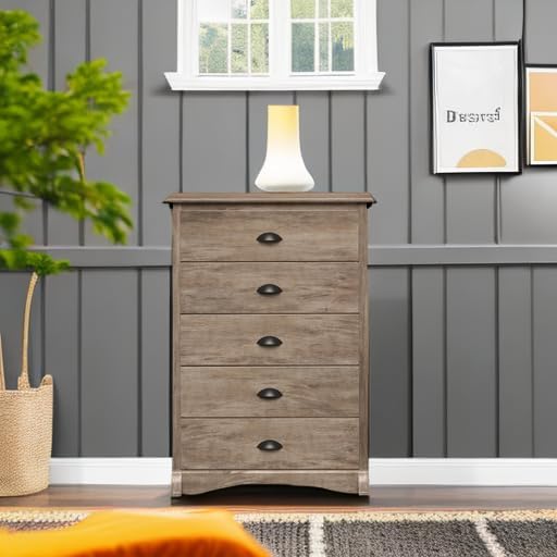 Prepac Sonoma Rustic 5-Drawer Tall Dresser for Bedroom, Farmhouse Dresser Chest of Drawers 17.75" D x 31.5" W x 44.75" H, Drifted Gray