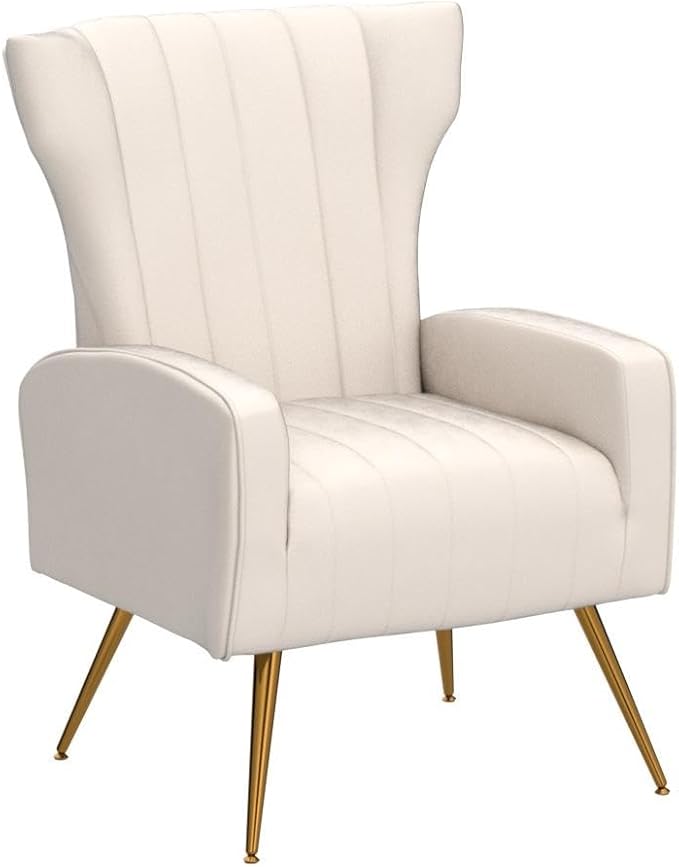 Modern Velvet Accent Chair, Channel Tufted Bedroom, Office or Living Room Furniture with Elegant Metal Legs, 26" Wide Armchair, Beige