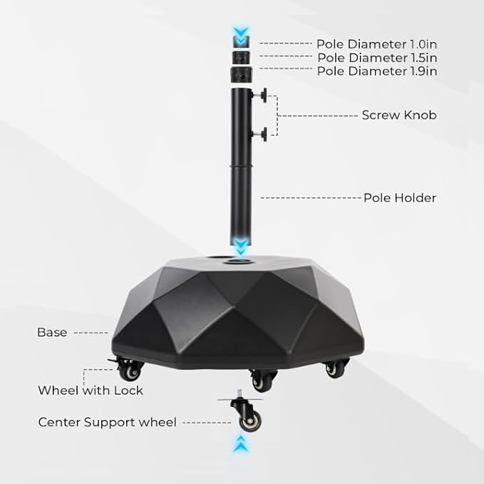 HOMSHADE H16 Patio Umbrella Stand Base with 5 Wheels - 127lbs Heavy Duty Rolling Weights Outdoor Market Umbrella Base, Refillable High-Density HDPE Materia Weights Stand for Outside Patio