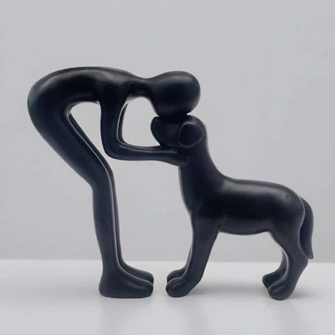 Human and Dog Statue Decoration, Cute Pet Sculpture Home Decor Tabletop Ornament Figurines Office Living Room Bedroom Home, for Dog Lovers Friends Family Decoration, Black Color