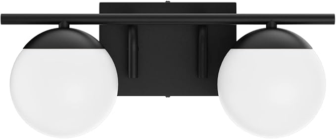 Ralbay Black Mid Century Modern 2-Light Bathroom Vanity Light Fixtures with Matte Black Milky Glass Globe