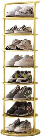 Bamboo Shoe Rack Organizer, 2-10 Tiers, Natural or Tea Color, No-Tool Assembly, Foldable Storage Shelf (Round Eight Layer Black)