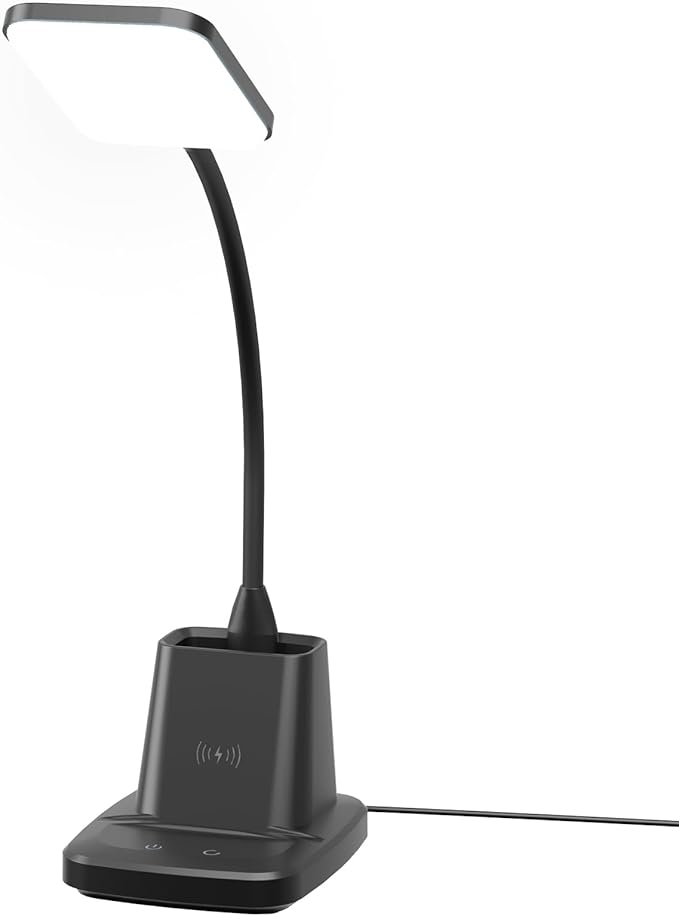 Sailstar Desk Lamp, LED Desk Lamps for Home Office, Wireless Charger Small Desk Lamp with Pen Holder, 3 Color Modes, Dimmable, CRI 85, 800LM, Study Lamps for College Dorm Room, Adapter Included, Black