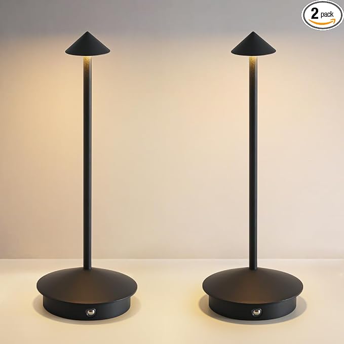 EJQ 2 Pack LED Rechargeable Cordless Table Lamps,Portable Outdoor 5000mAh Battery Operated Table Light Touch Control 3 Color Dimmable for Patio/Cofee/Restaurant/Camping/Dining/Bedroom-Black