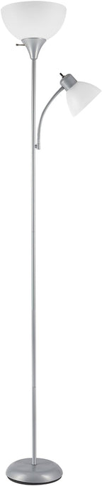 Globe Electric 67134 72" Torchiere Floor Lamp and Adjustable Reading Light, Silver, Frosted Shade, Dual Rotary Switch, 3-Step Dimming, Modern Lighting for Living Room or Office, Timeless