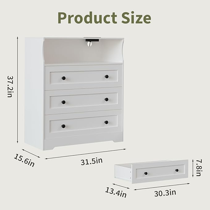 37.2" 3-Drawer Dresser with LED Lights & Charging Station, Wood Chest of Drawers with Open Space, Bedroom Closet Organizer for Living Room, Entryway, Bedside Storage, White