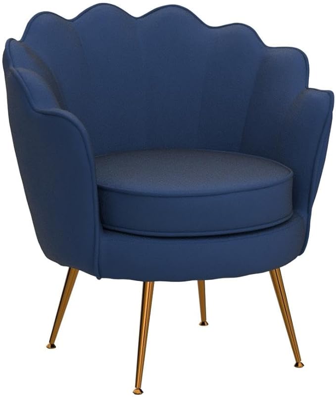 Velvet Barrel Accent Chair with Scalloped Silhouette and Gold Metal Legs, Decorative Piece Suitable for Traditional, Modern, and Contemporary Spaces, Navy Blue