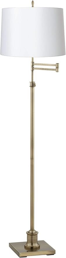 360 Lighting Westbury Chic Style Swing Arm Adjustable Floor Lamp Standing 70" Tall Antique Brass White Fabric Hardback Drum Shade for Living Room Reading House Bedroom Home