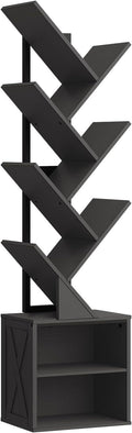 Tree Bookshelf, 6 Tier Bookcase with 2 Storage Racks, Free Standing Wooden Bookcase, Floor Standing Book Shelf Organizer for Living Room, Bedroom, Study, Home Office, Black