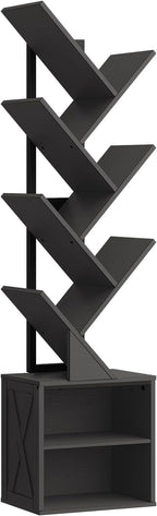 Tree Bookshelf, 6 Tier Bookcase with 2 Storage Racks, Free Standing Wooden Bookcase, Floor Standing Book Shelf Organizer for Living Room, Bedroom, Study, Home Office, Black