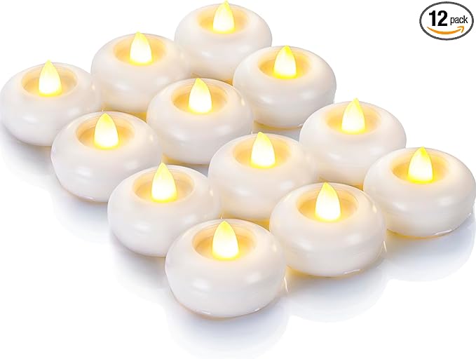 Homemory 2” Flameless Led Floating Candles, 200 Hour Plastic Battery Operated Flickering Waterproof Tealights for Cylinder Vases, Centerpieces at Wedding, Party, Pool, Holiday (12 Pack, White Base)