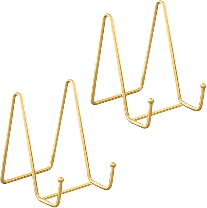 Plate Stands for Display-2 Pack 4 Inch Gold Metal- Book Holder & Book Stand for Table, Racks-Trendy & Sturdy Display Stand for Decorative Art Plate, Tablets-Picture Stand for Party Decor
