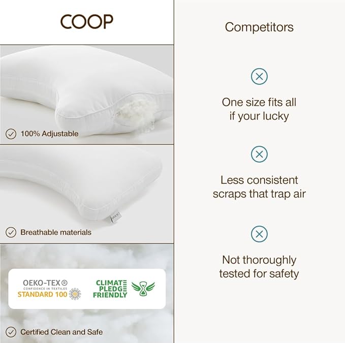 Coop Home Goods Essence Crescent Down Alternative Pillow Set of 2, Queen Size, Adjustable, Plush & Breathable Pillow, Luxury Hotel Pillow for Side and Back Sleepers, Oeko-TEX Standard 100