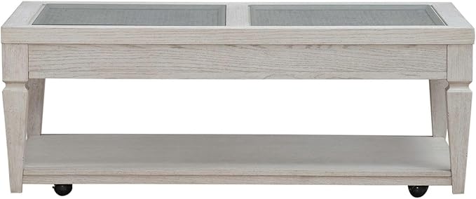 Liberty Furniture Caruso Heights Cocktail Table with Glass Top, Wheeled - Whitestone Oak Wood