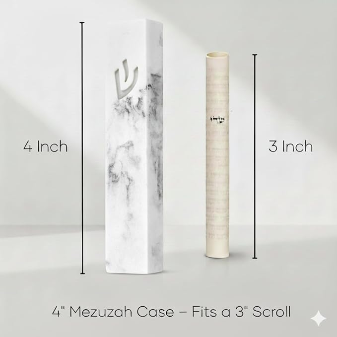 SURI Concrete Mezuzah for Door - Self-Stick Modern Mezuza Case with Non Kosher Scroll & Gift Box | Marble White, 4 inch & 5 inch Mezuzahs with Scroll for Door | Judaica Gift