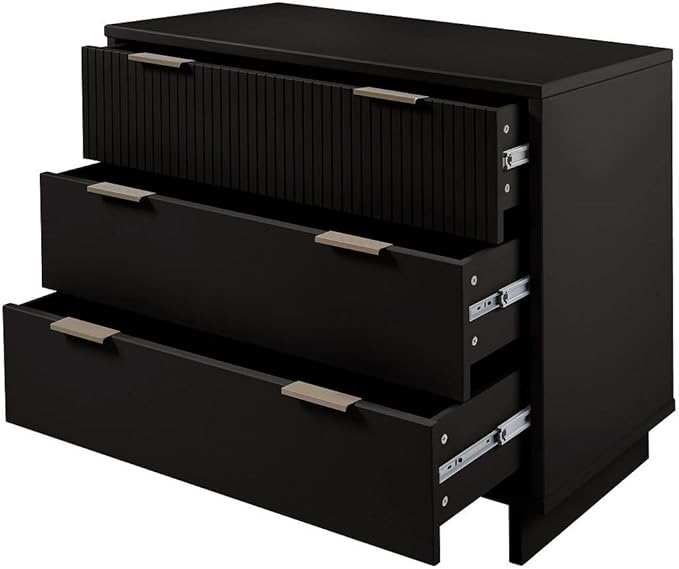 Manhattan Comfort Granville 38-Inch Solid Wood Dresser with 3 Full Extension Soft Close Drawers, Fluted Ribbed Front with Gold Metal Handles for Bedroom, Living Room, Dorm, Nursery in Black