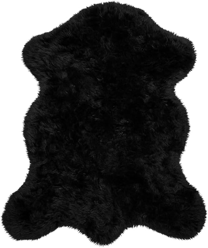 Silky Soft Faux Fur Rug, 5 ft. x 7 ft. Black Fluffy, Made in France, Sheepskin Area, Shaggy Rug for Living Room, Bedroom, Kid's Room, or Nursery, Home Décor Accent with with Non-Slip Backing