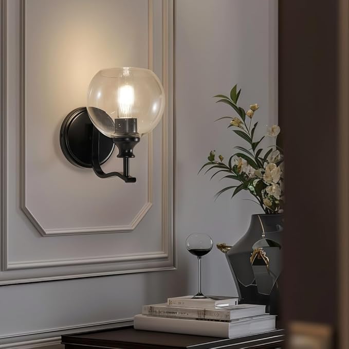 ANDY STAR 1-Light Bathroom Light Fixtures, Black Wall Sconces, Bathroom Vanity Light with Clear Glass Shade, Modern Wall Light Fixtures for Bath Mirror Hallway Bedroom Living Room, Hardwired, E26 Base